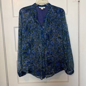 Coldwater Creek Blue and Green Floral Sheer Blouse Size L (14)